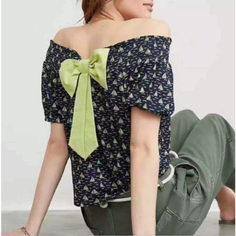 Porridge Anthropologie Chartreuse Sailboats on Navy with a Bow NWT Sz M Ret $98 - Picture 1 of 8